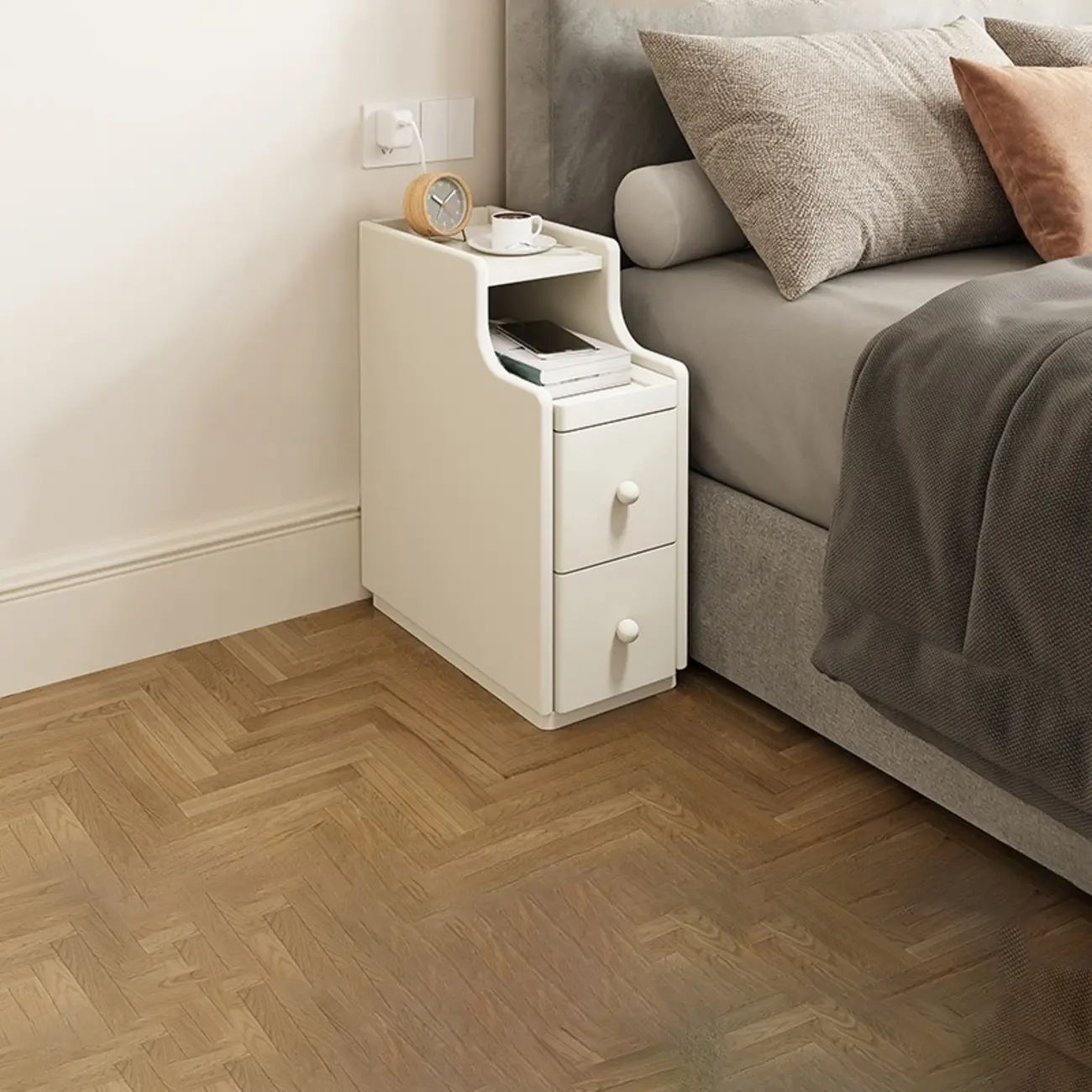 Multi-Function White Wood Storage Narrow Nightstand Image - 3 | homeyfad