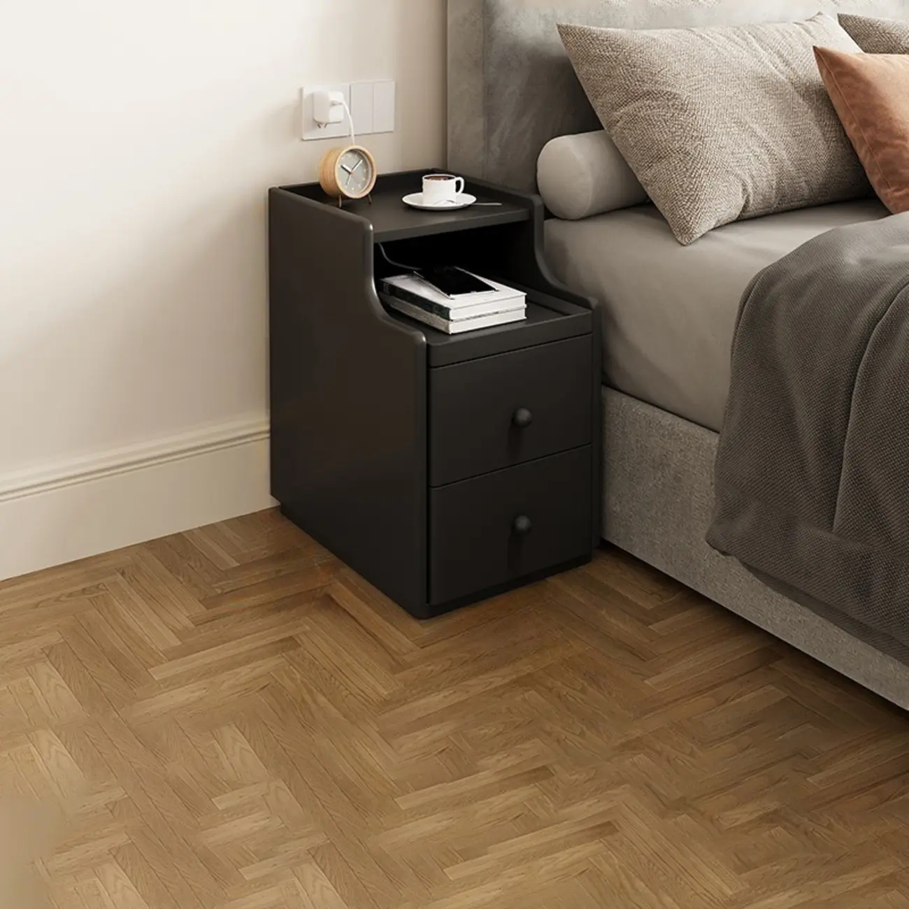 Multi-Function White Wood Storage Narrow Nightstand Image - 5 | homeyfad