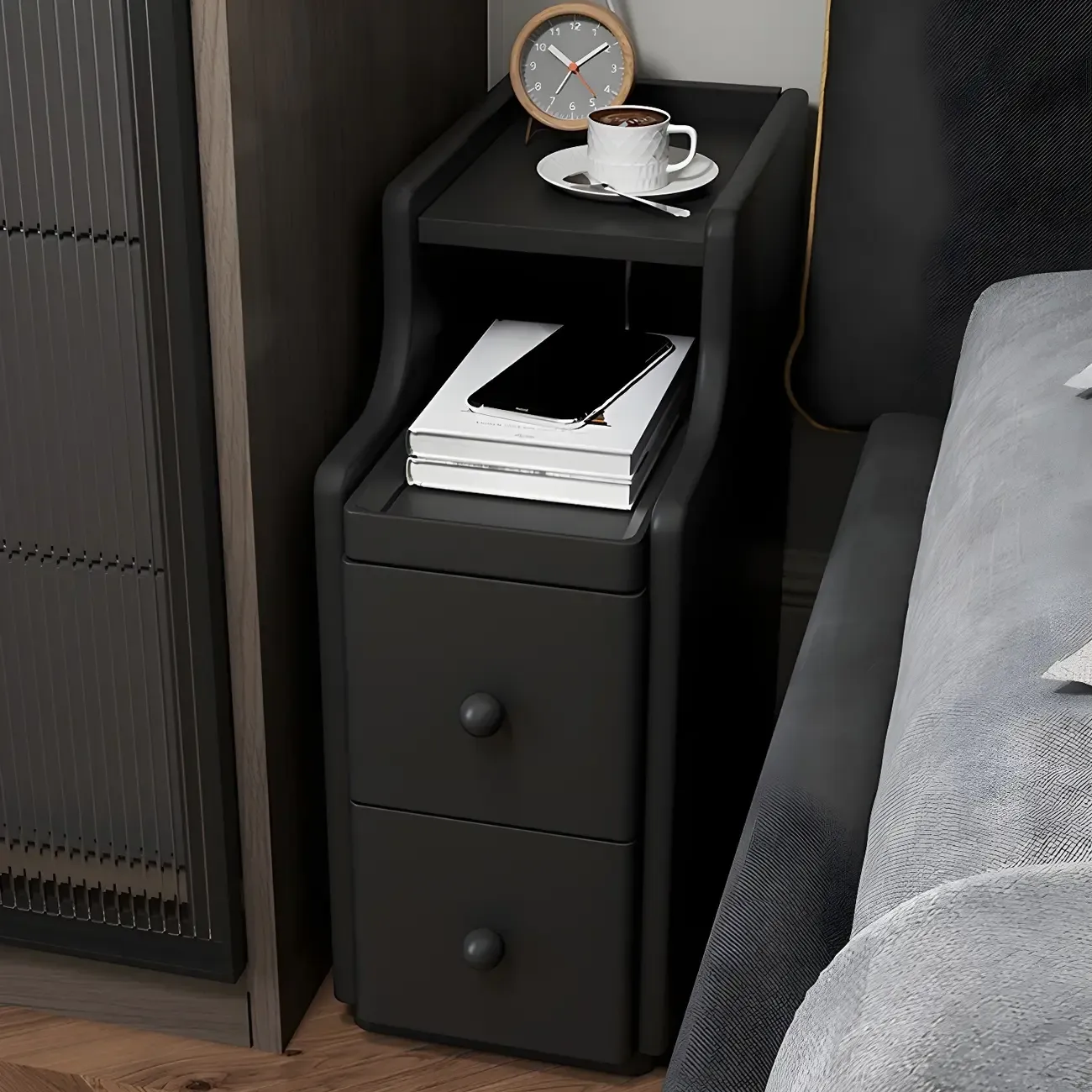 Multi-Function White Wood Storage Narrow Nightstand Image - 6