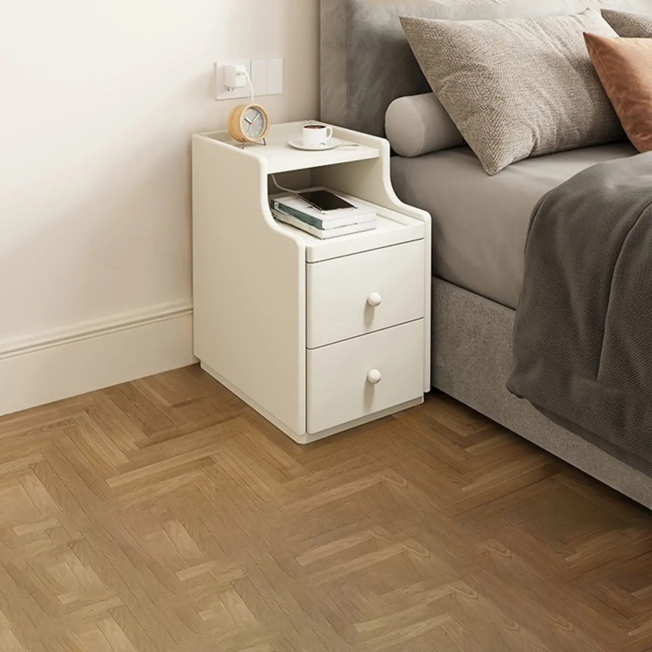 Multi-Function White Wood Storage Narrow Nightstand Image - 7 | homeyfad