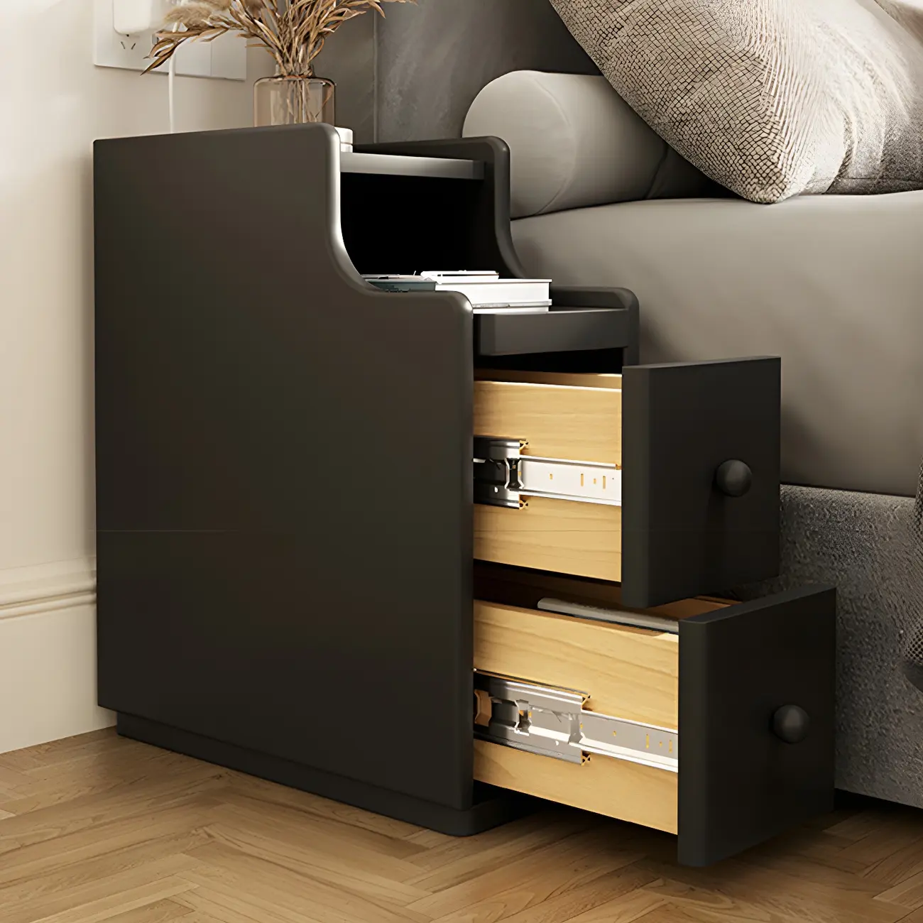 Multi-Function White Wood Storage Narrow Nightstand Image - 8 | homeyfad