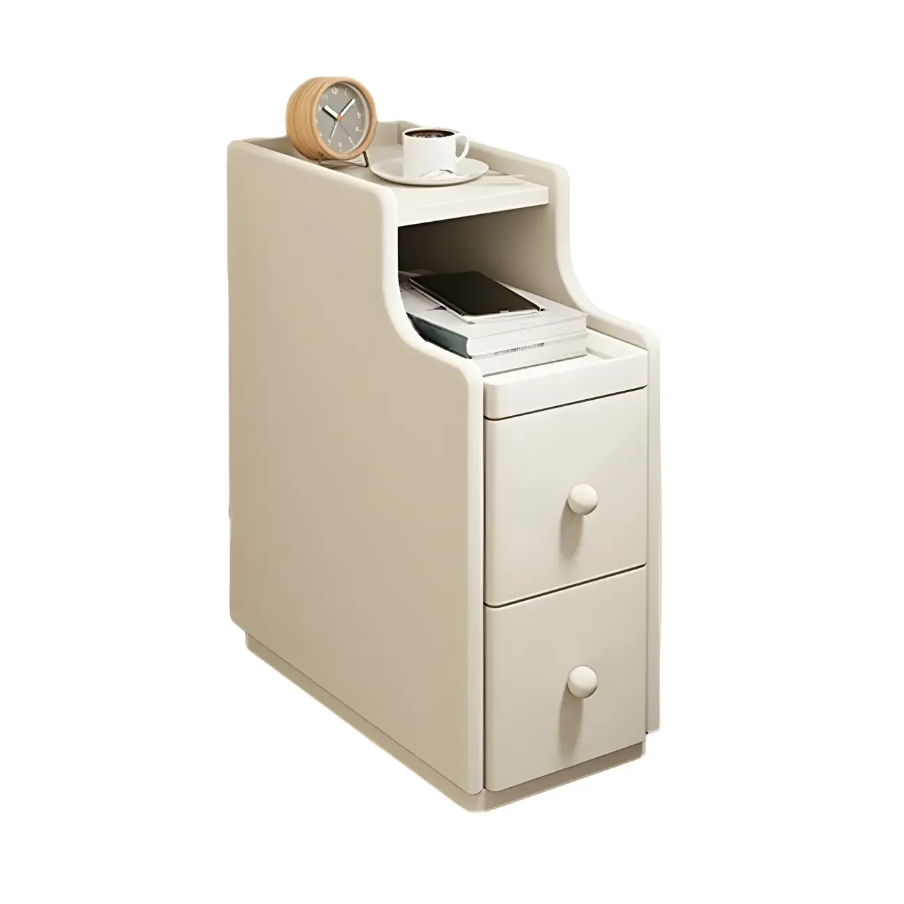 Multi-Function White Wood Storage Narrow Nightstand Image - 9