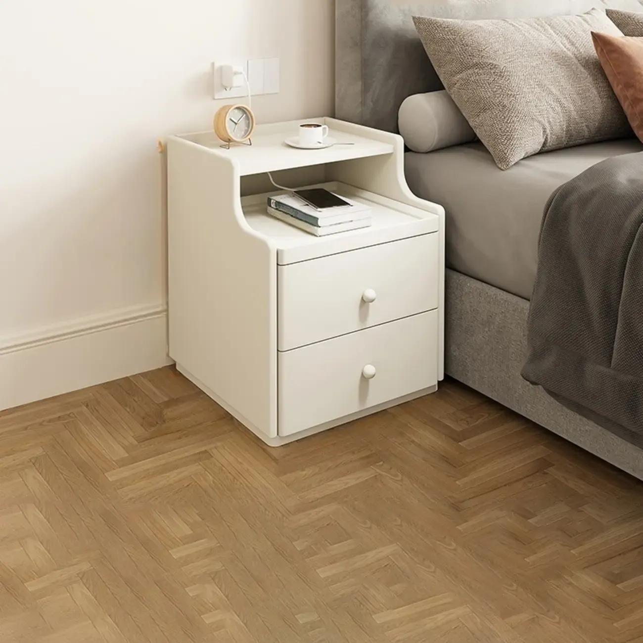 Multi-Function White Wood Storage Narrow Nightstand Image - 11