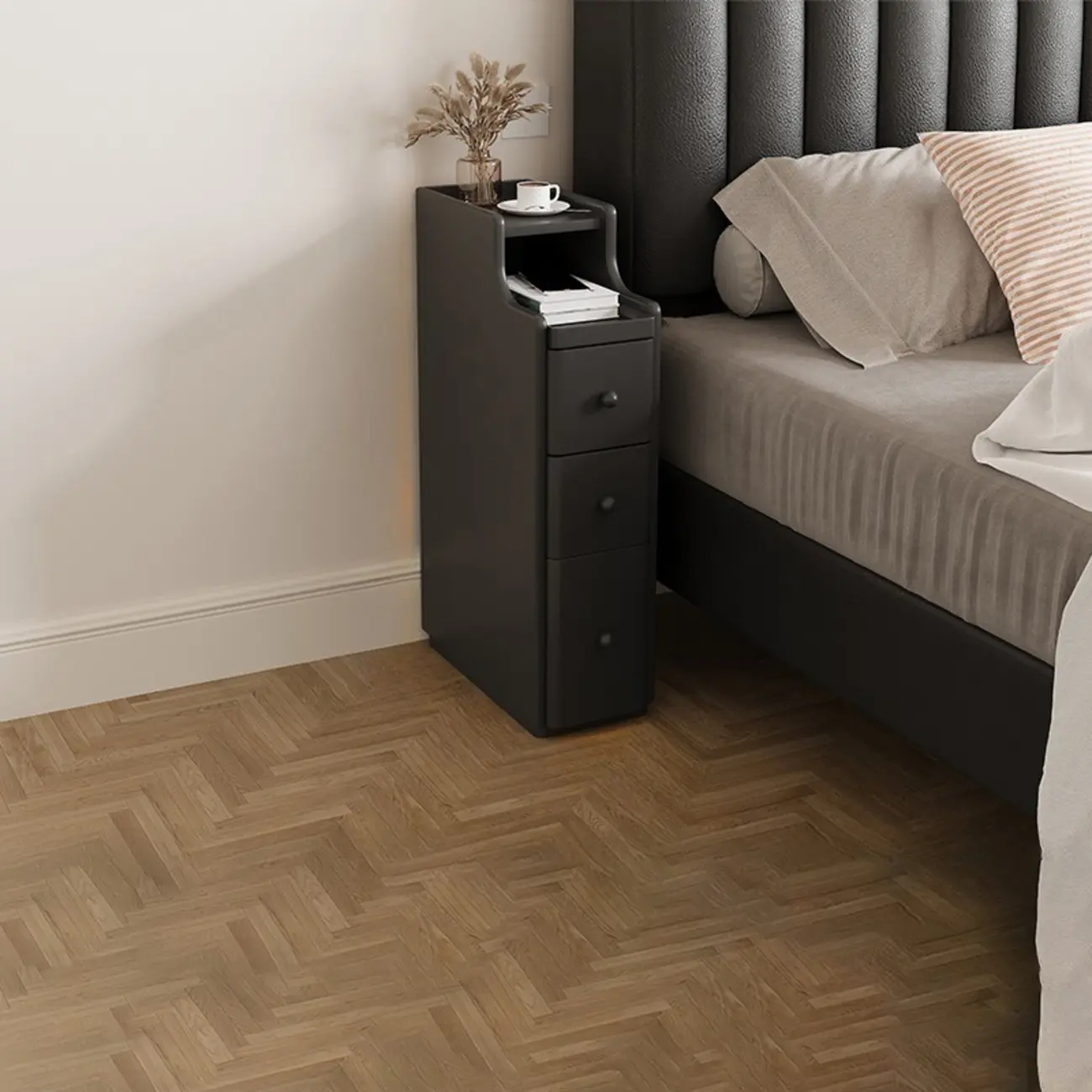 Multi-Function White Wood Storage Narrow Nightstand Image - 13 | homeyfad