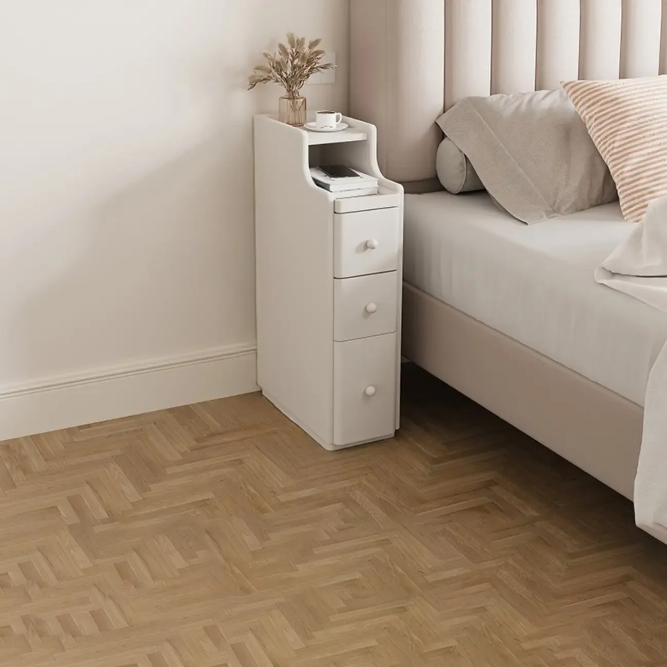 Multi-Function White Wood Storage Narrow Nightstand Image - 15