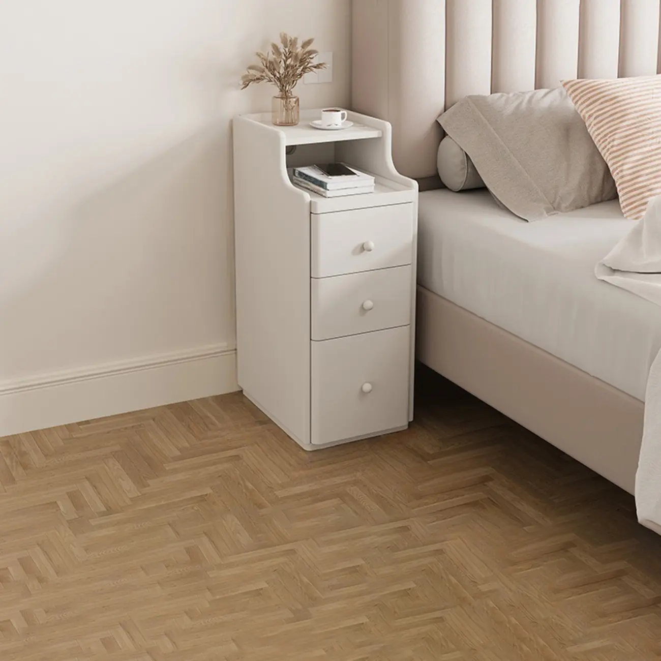 Multi-Function White Wood Storage Narrow Nightstand Image - 19 | homeyfad