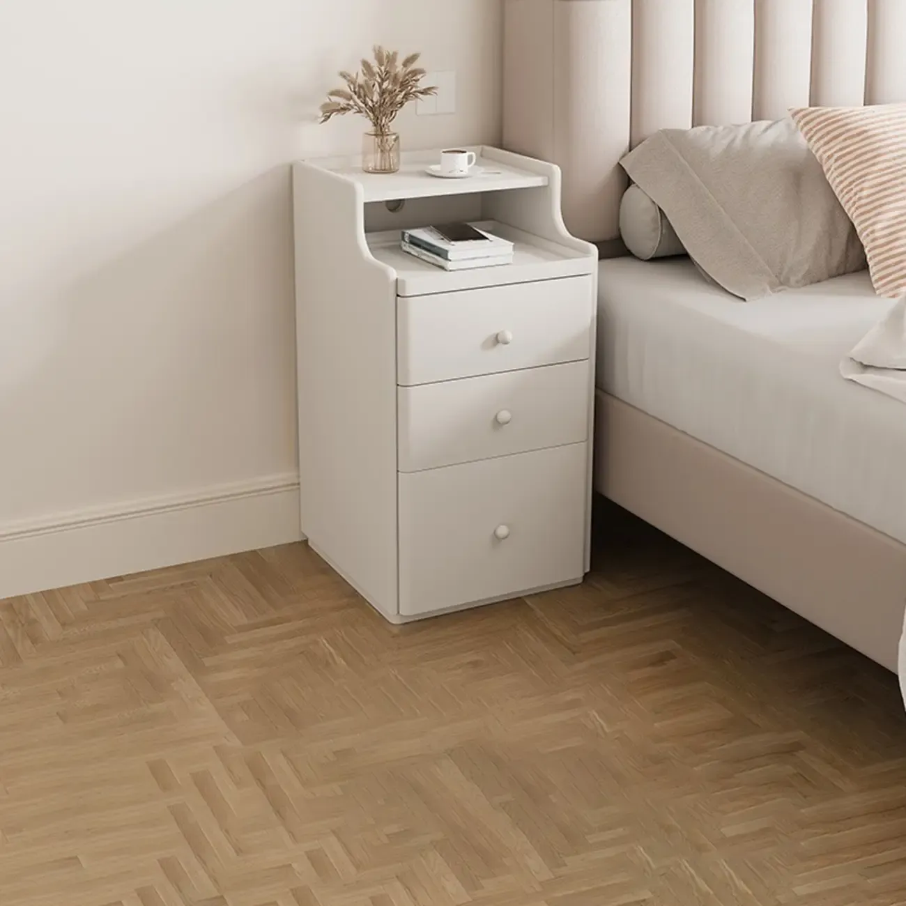 Multi-Function White Wood Storage Narrow Nightstand Image - 21