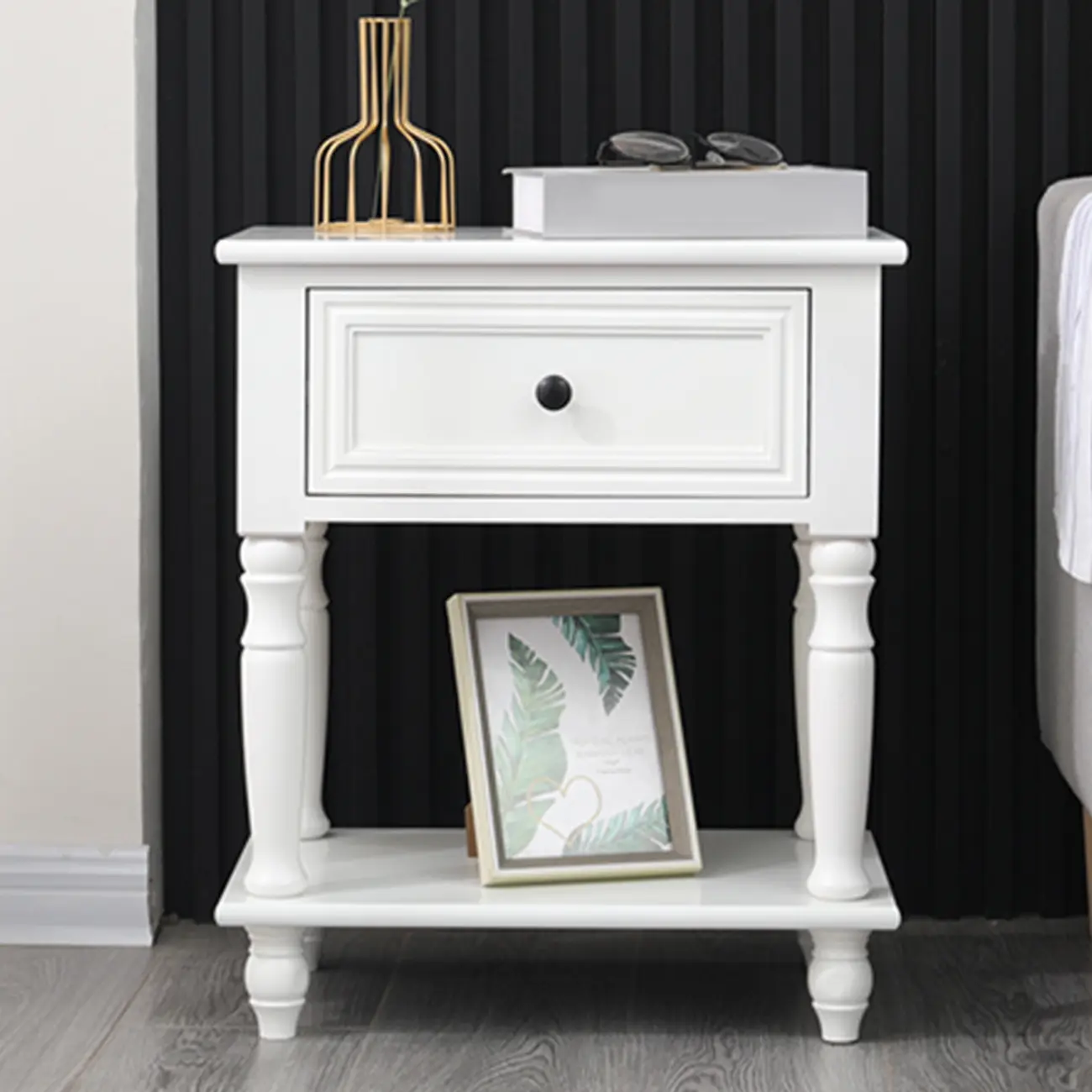 Compact White Wood Single Drawer Nightstand with Shelf Image - 5 | homeyfad
