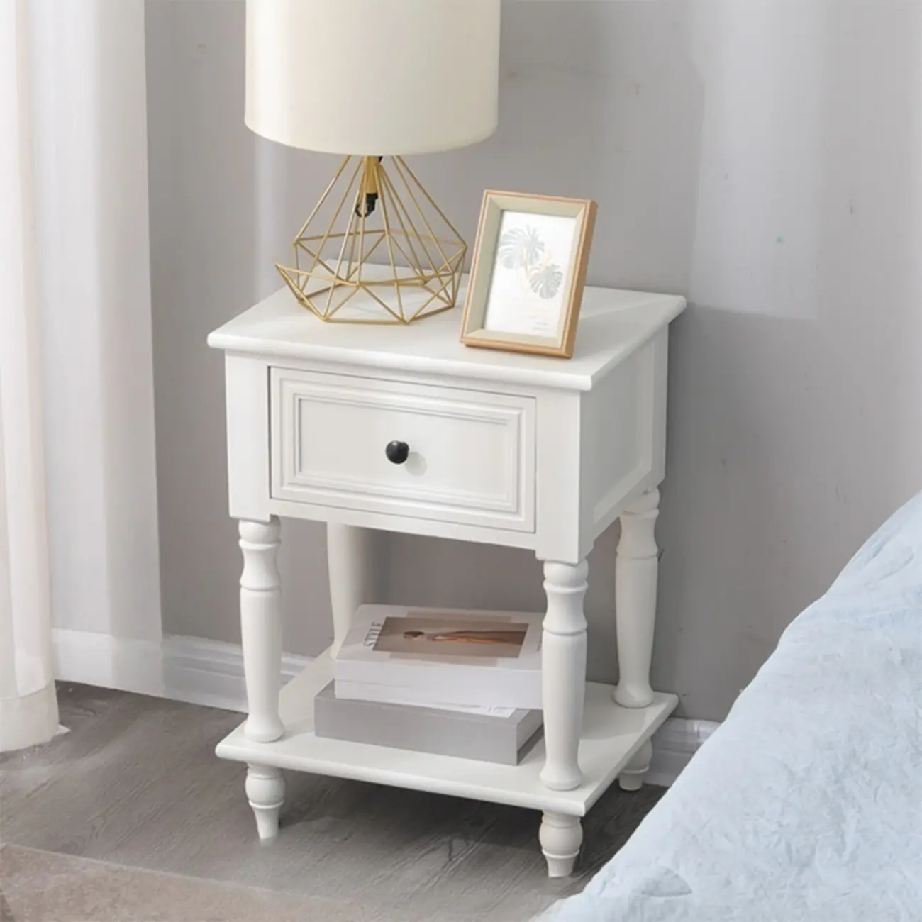 Compact White Wood Single Drawer Nightstand with Shelf Image - 2 | homeyfad