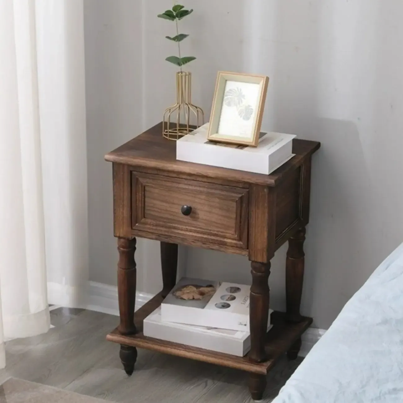 Compact White Wood Single Drawer Nightstand with Shelf Image - 1
