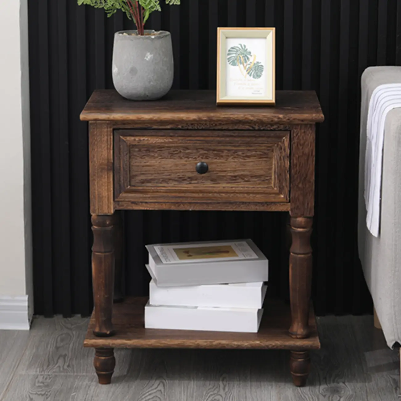 Compact White Wood Single Drawer Nightstand with Shelf Image - 4 | homeyfad