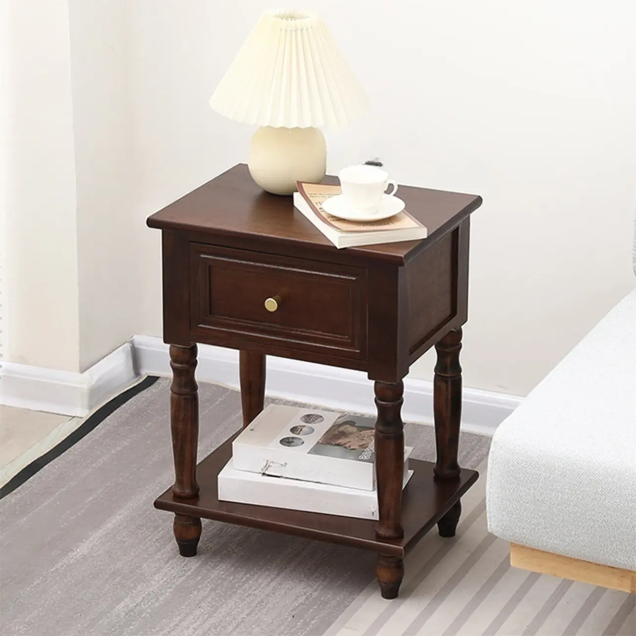 Compact White Wood Single Drawer Nightstand with Shelf Image - 3 | homeyfad