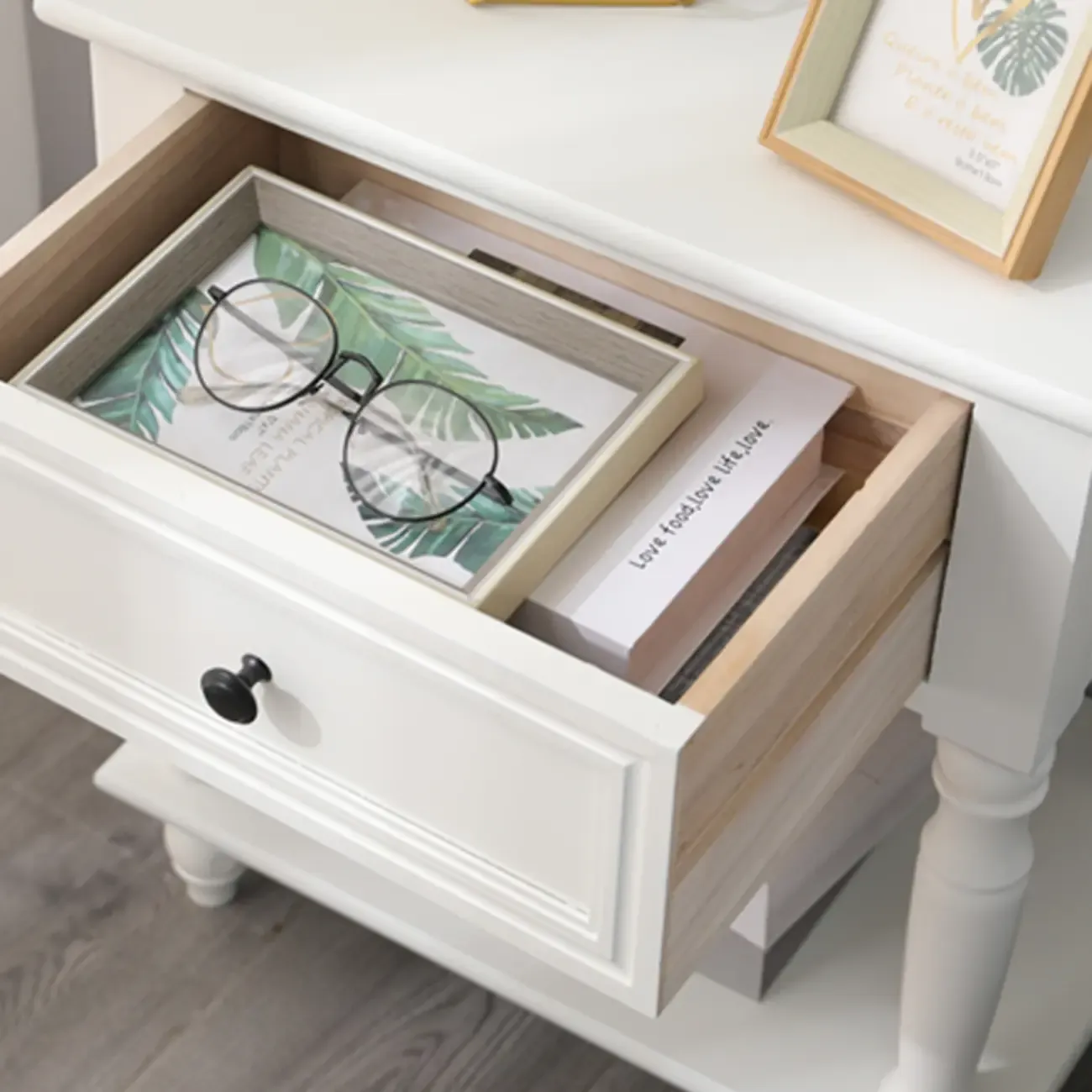 Compact White Wood Single Drawer Nightstand with Shelf Image - 10