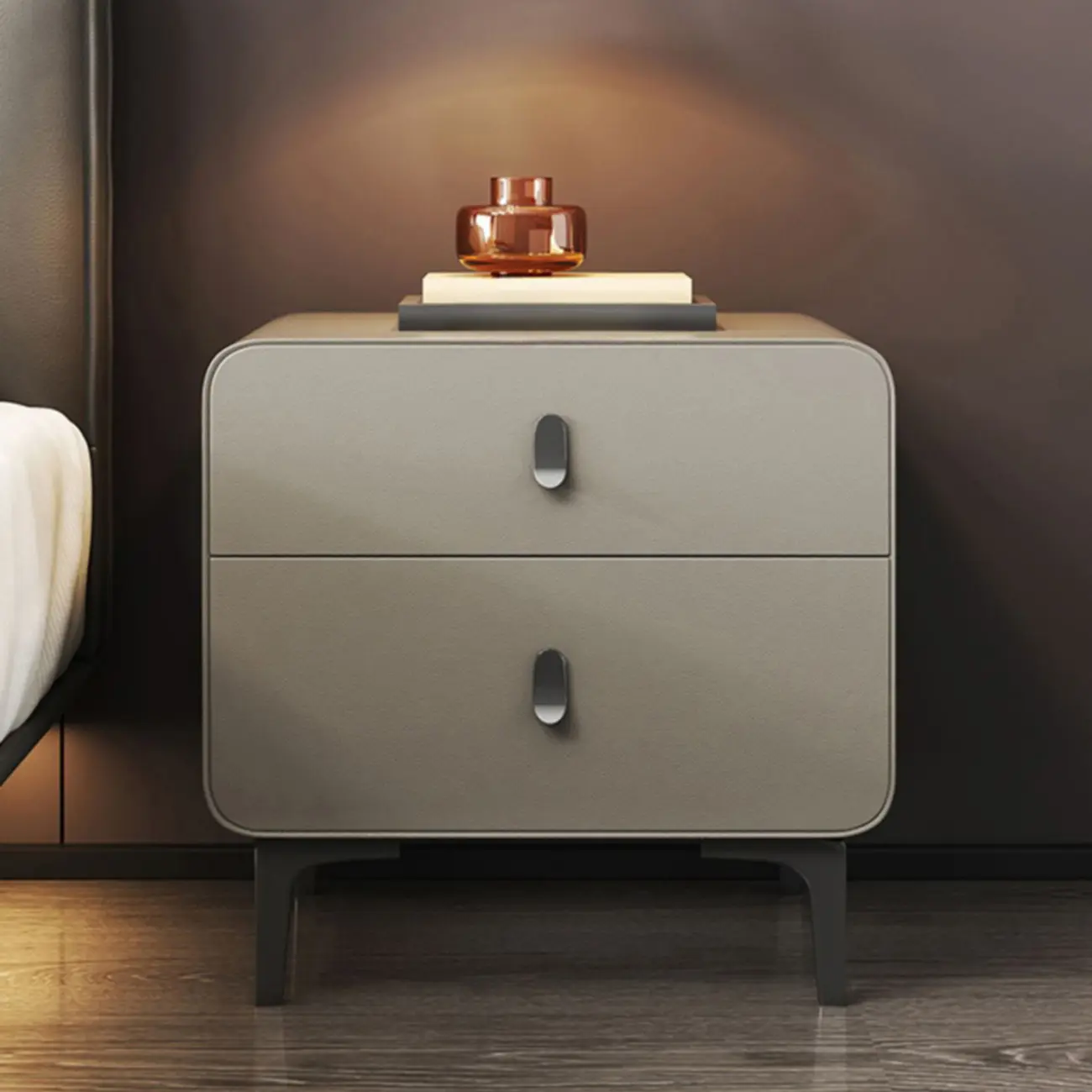 Freestanding Leather Arched Edge White Nightstand with Drawers Image - 8 | homeyfad