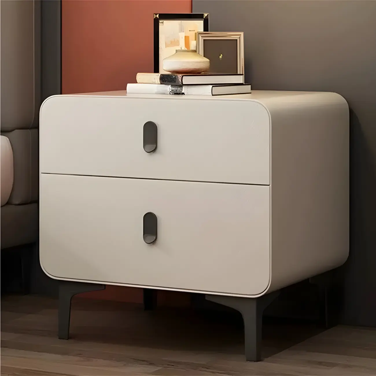 Freestanding Leather Arched Edge White Nightstand with Drawers Image - 3 | homeyfad