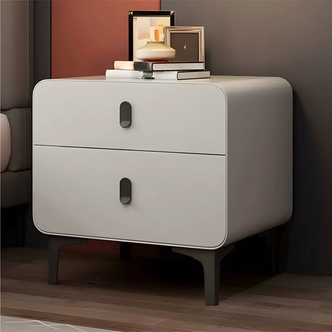 Freestanding Leather Arched Edge White Nightstand with Drawers Image - 4 | homeyfad