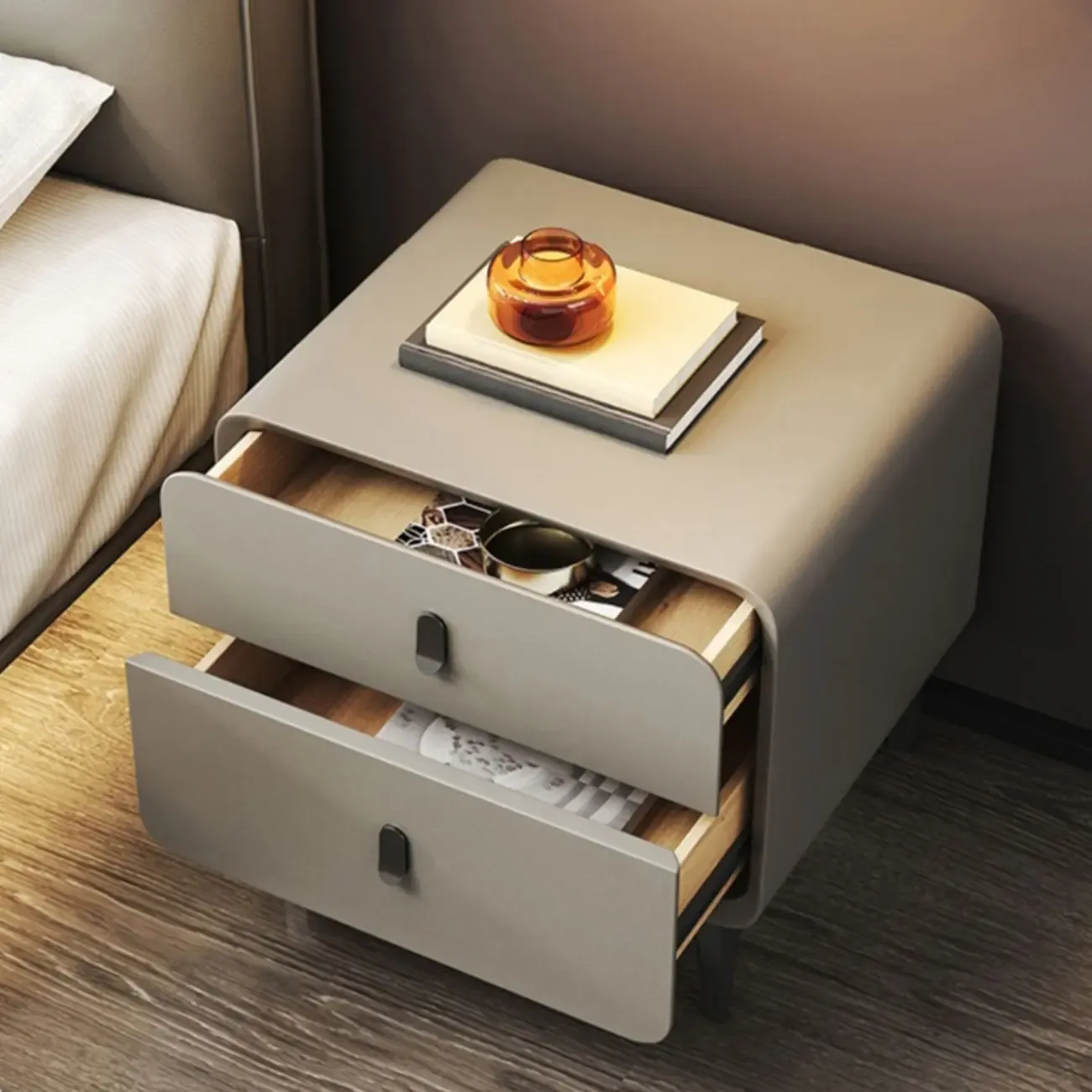 Freestanding Leather Arched Edge White Nightstand with Drawers Image - 2