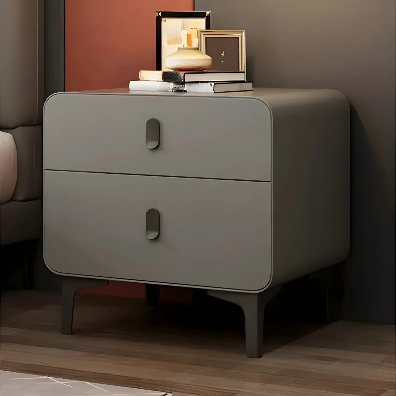 Freestanding Leather Arched Edge White Nightstand with Drawers Image - 5 | homeyfad