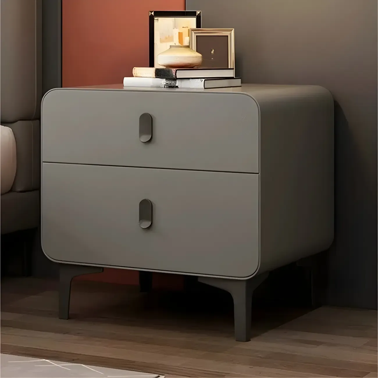 Freestanding Leather Arched Edge White Nightstand with Drawers Image - 5
