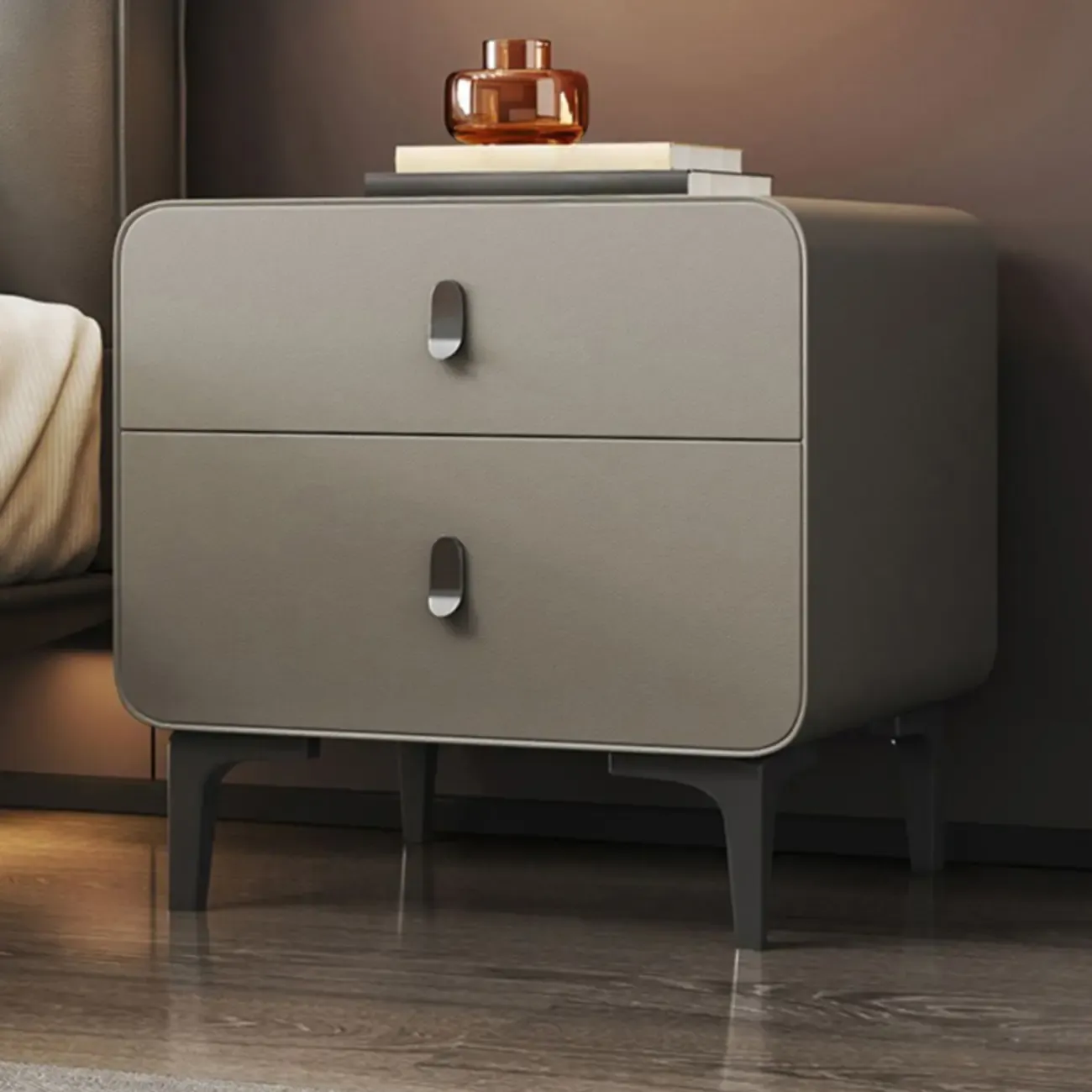 Freestanding Leather Arched Edge White Nightstand with Drawers Image - 9