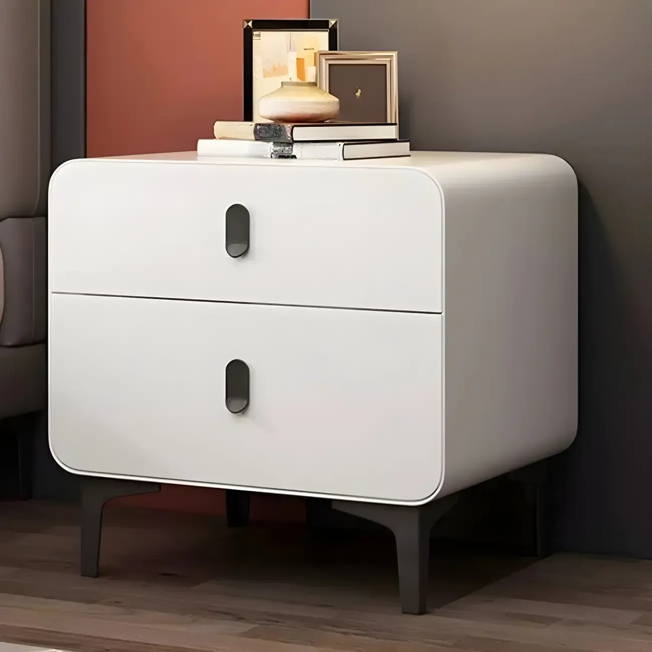 Freestanding Leather Arched Edge White Nightstand with Drawers Image - 1