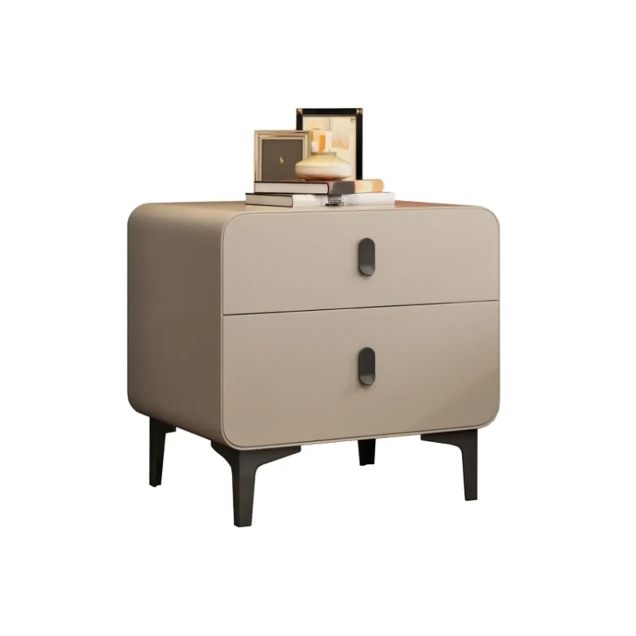 Freestanding Leather Arched Edge White Nightstand with Drawers Image - 14