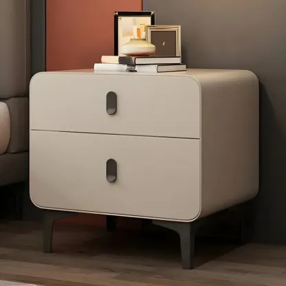 Freestanding Leather Arched Edge White Nightstand with Drawers Image - 11