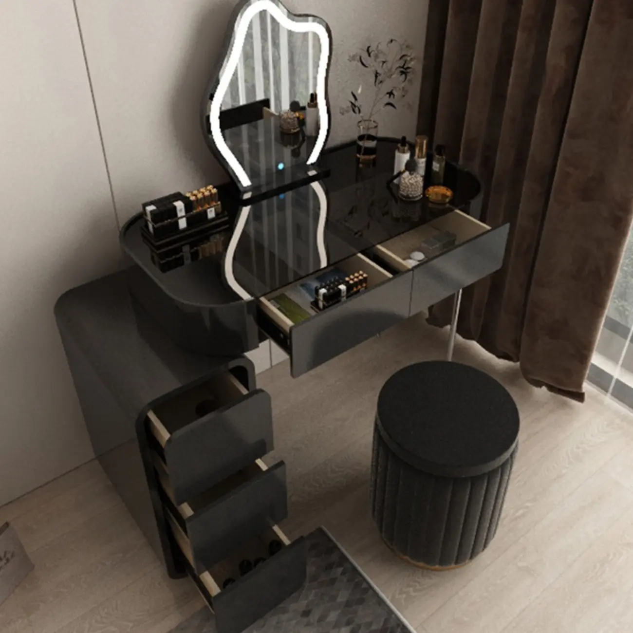 Modish Black Mirror Makeup Vanity Set with Drawer Image - 2 | homeyfad