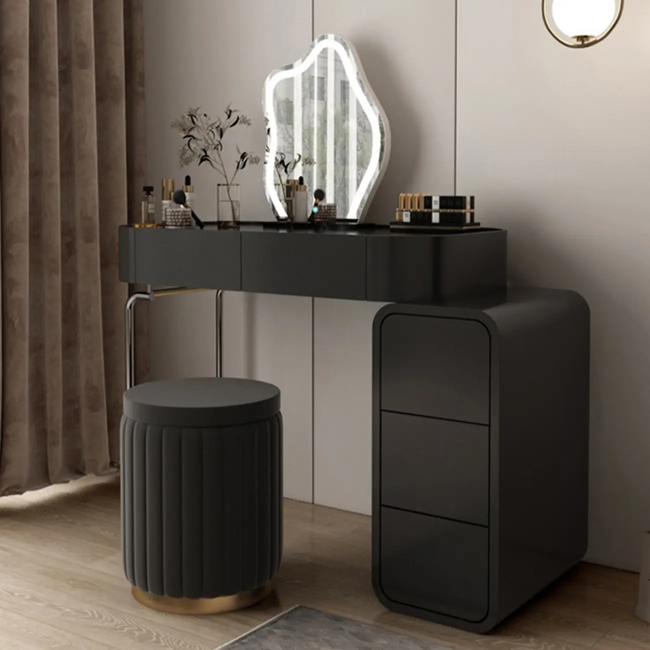 Modish Black Mirror Makeup Vanity Set with Drawer Image - 1 | homeyfad