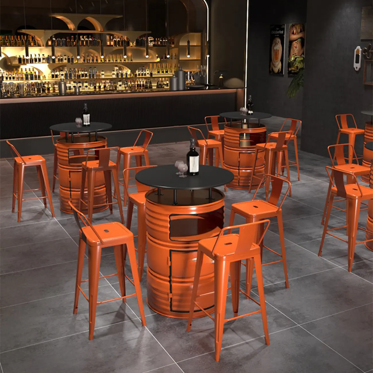Industrial Black Orange Metal Drum Storage Bar Tables Image - 1 | homeyfad
