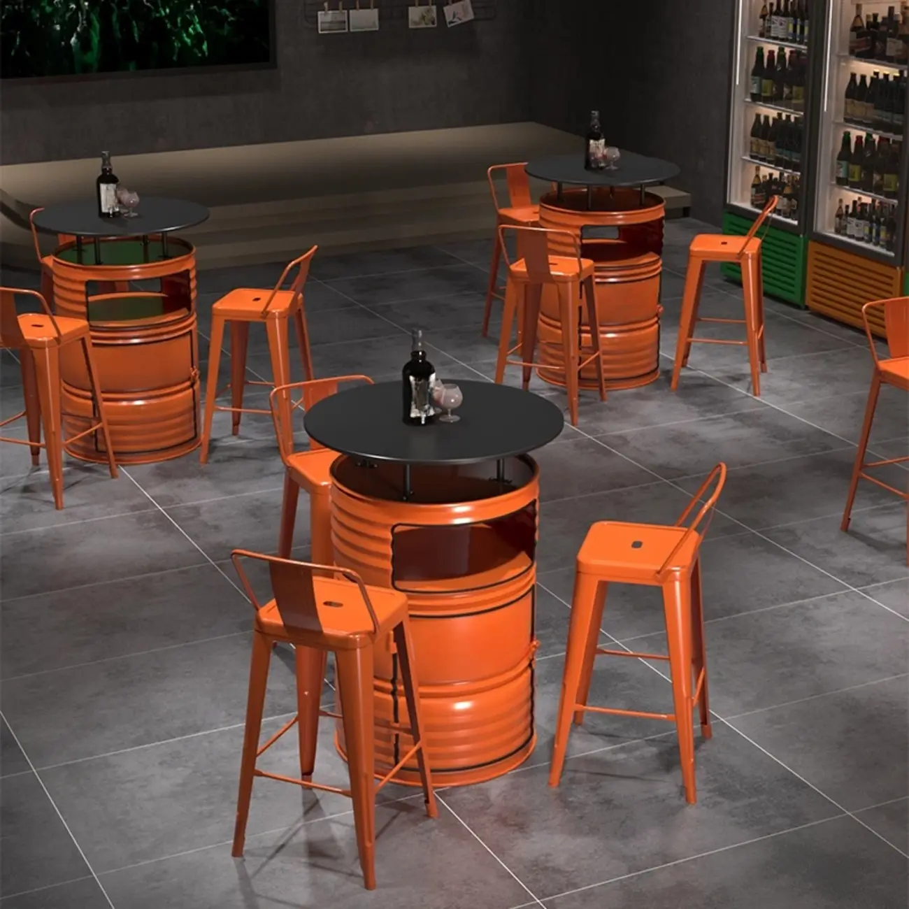 Industrial Black Orange Metal Drum Storage Bar Tables Image - 3 | homeyfad