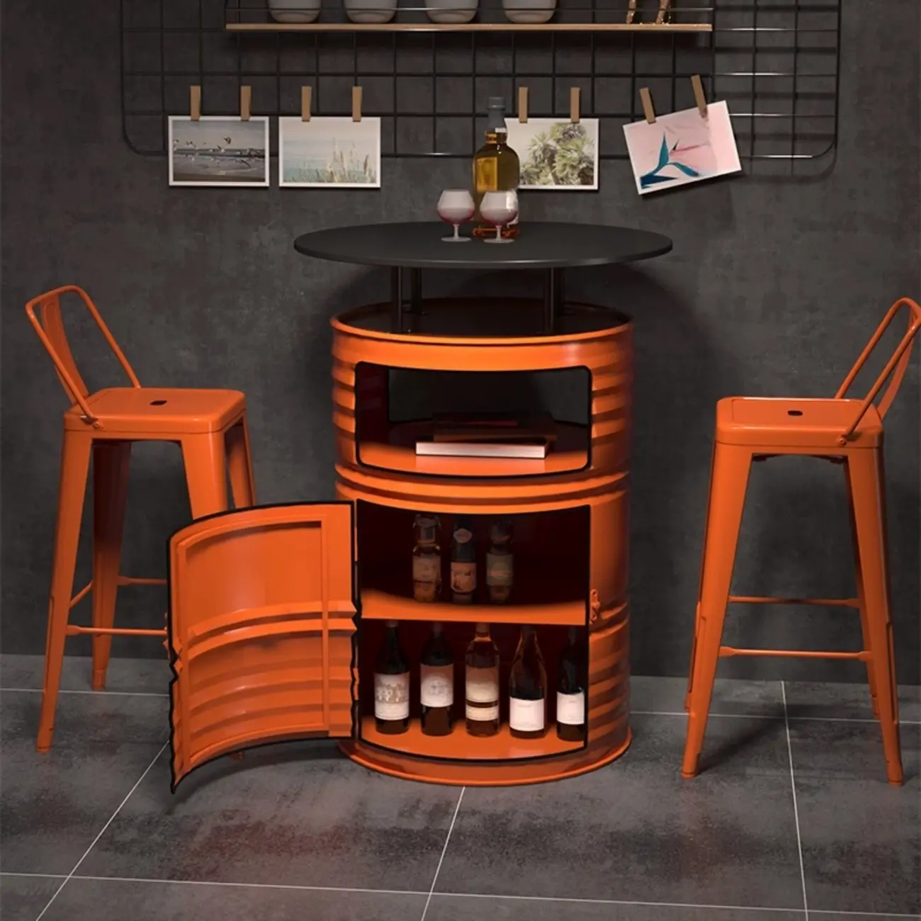 Industrial Black Orange Metal Drum Storage Bar Tables Image - 4 | homeyfad