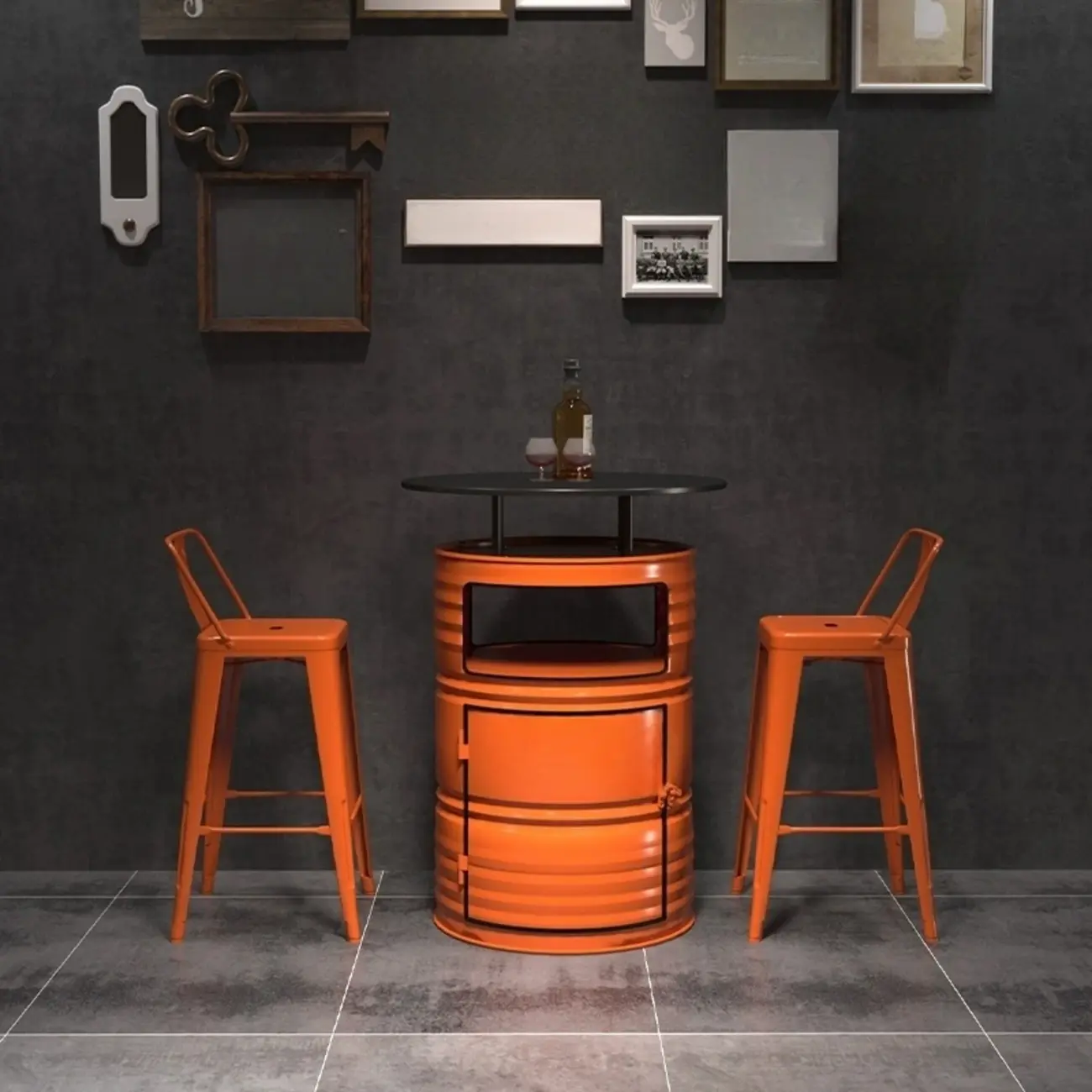 Industrial Black Orange Metal Drum Storage Bar Tables Image - 5 | homeyfad