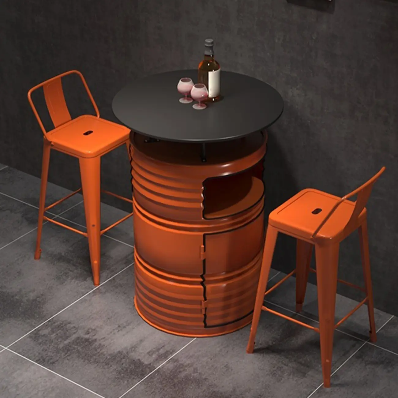 Industrial Black Orange Metal Drum Storage Bar Tables Image - 11 | homeyfad