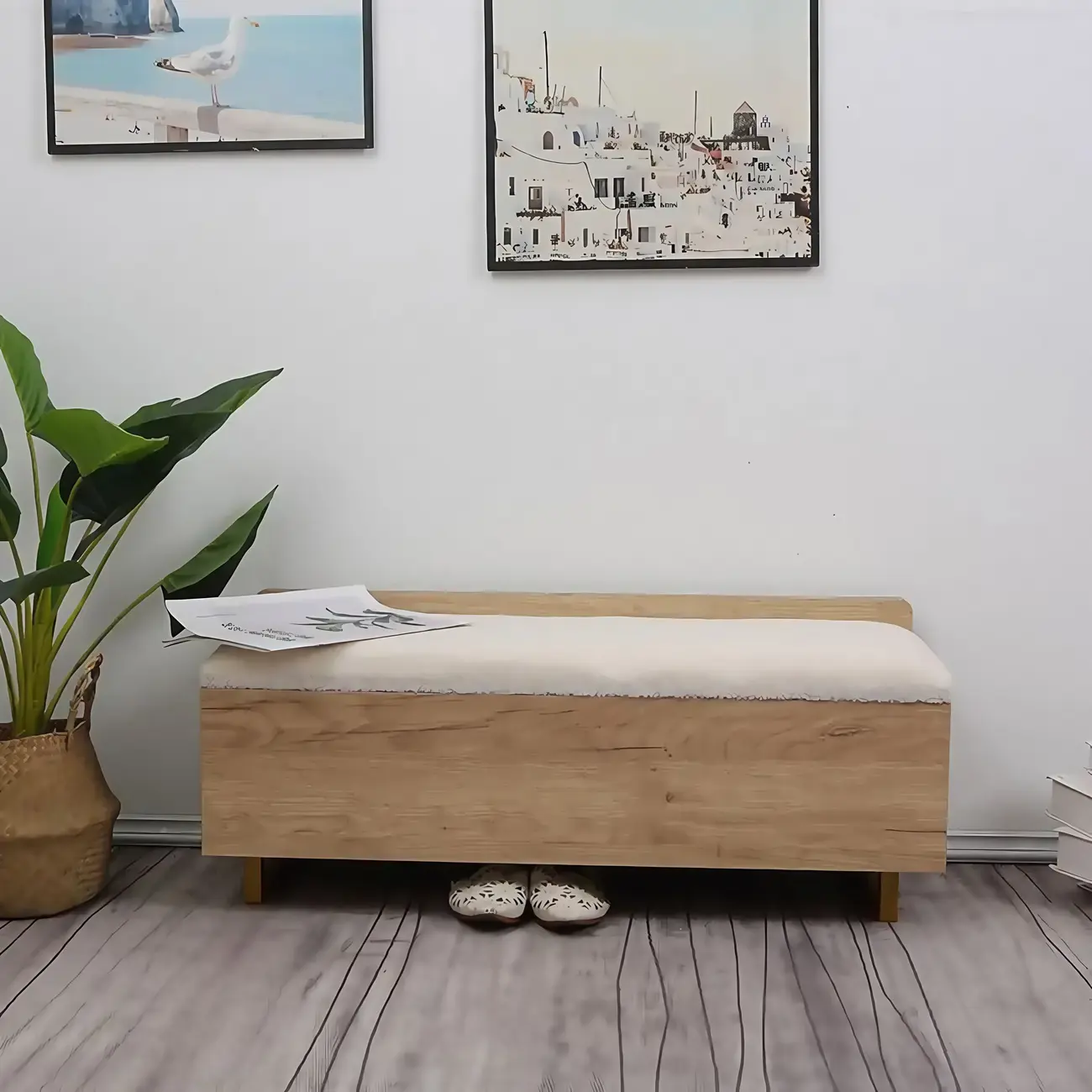 Scandinavian Solid Wood Flip-Top Shoe Storage Bench with Cushion Image - 2 | homeyfad