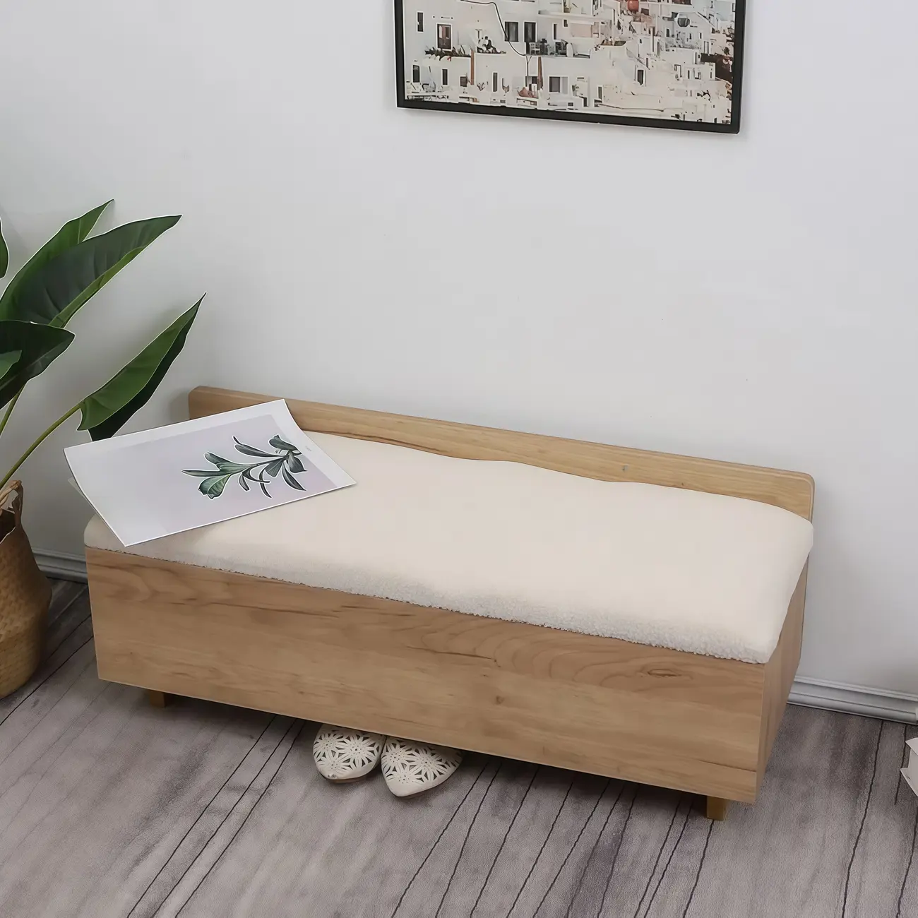 Scandinavian Solid Wood Flip-Top Shoe Storage Bench with Cushion Image - 1 | homeyfad