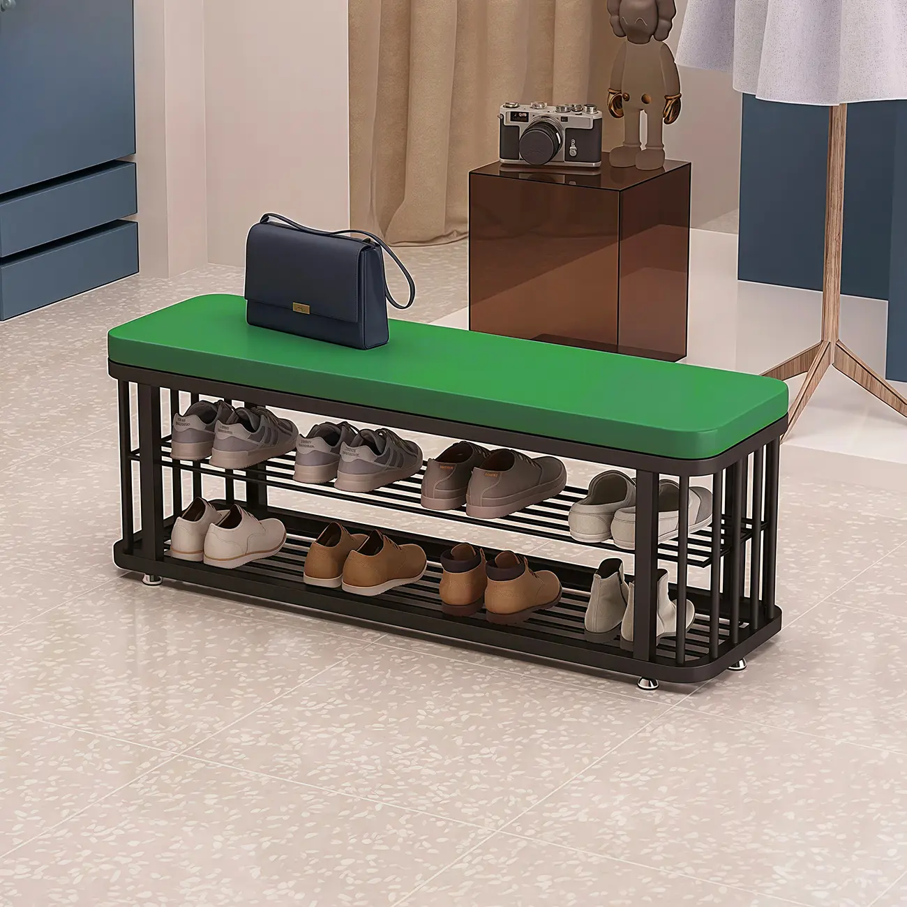 Simplistic Gold Metal Shoe Bench with Padded Upholstery Image - 18 | homeyfad