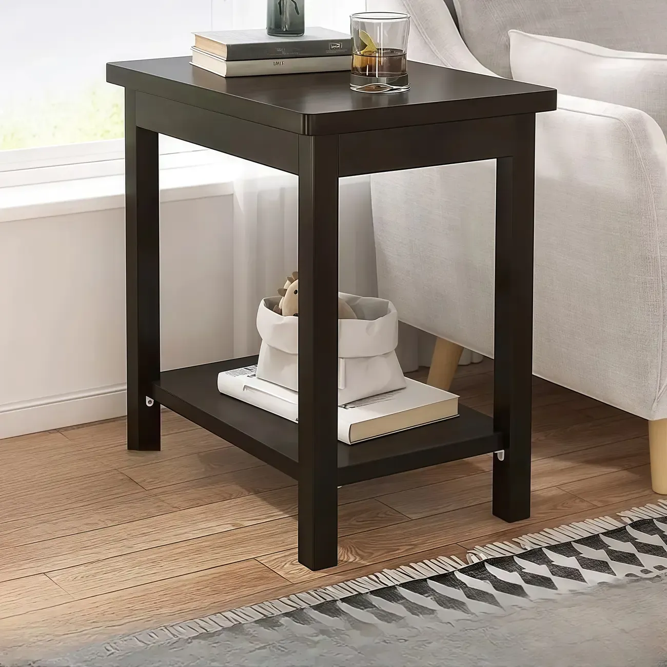 Minimalist Black Wood End Table with Storage for Living Room Image - 29