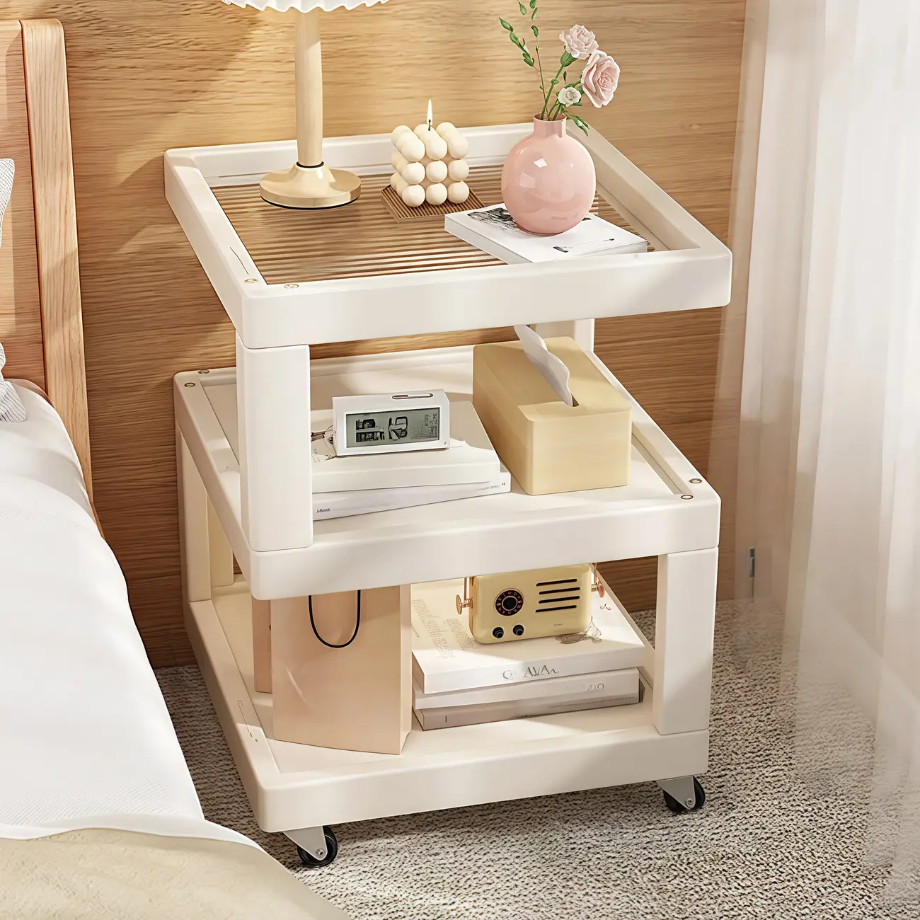 3-Tier Wood Walnut Storage Side Table with Wheels Image - 4 | homeyfad