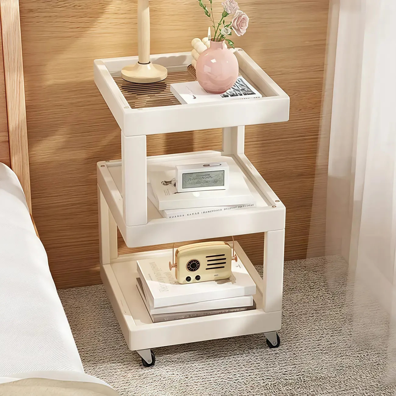 3-Tier Wood Walnut Storage Side Table with Wheels | HomeyFad