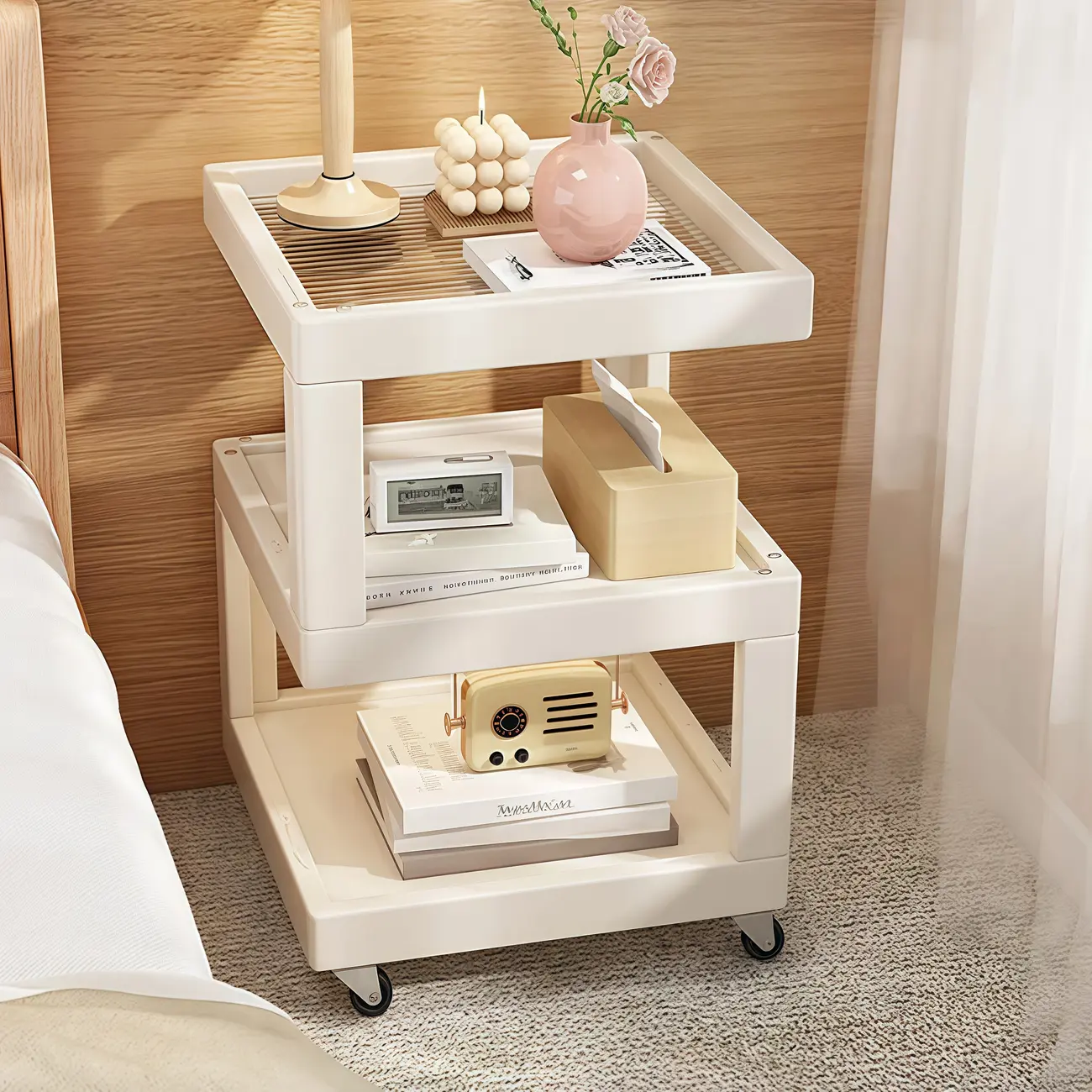 3-Tier Wood Walnut Storage Side Table with Wheels | homeyfad