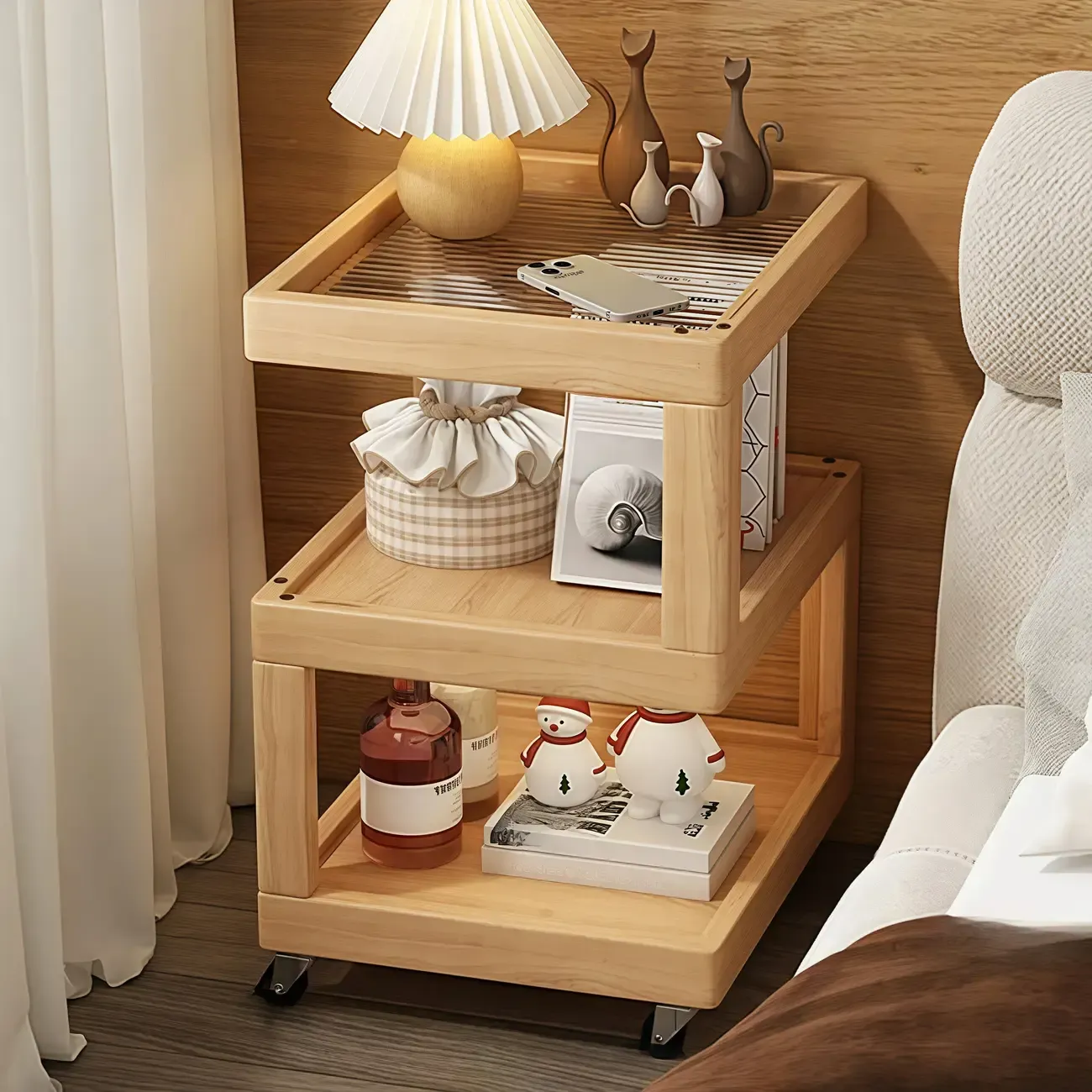 3-Tier Wood Walnut Storage Side Table with Wheels Image - 9