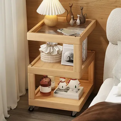 3-Tier Wood Walnut Storage Side Table with Wheels Image - 9