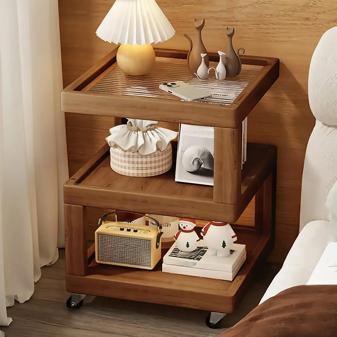 3-Tier Wood Walnut Storage Side Table with Wheels Image - 1 | homeyfad