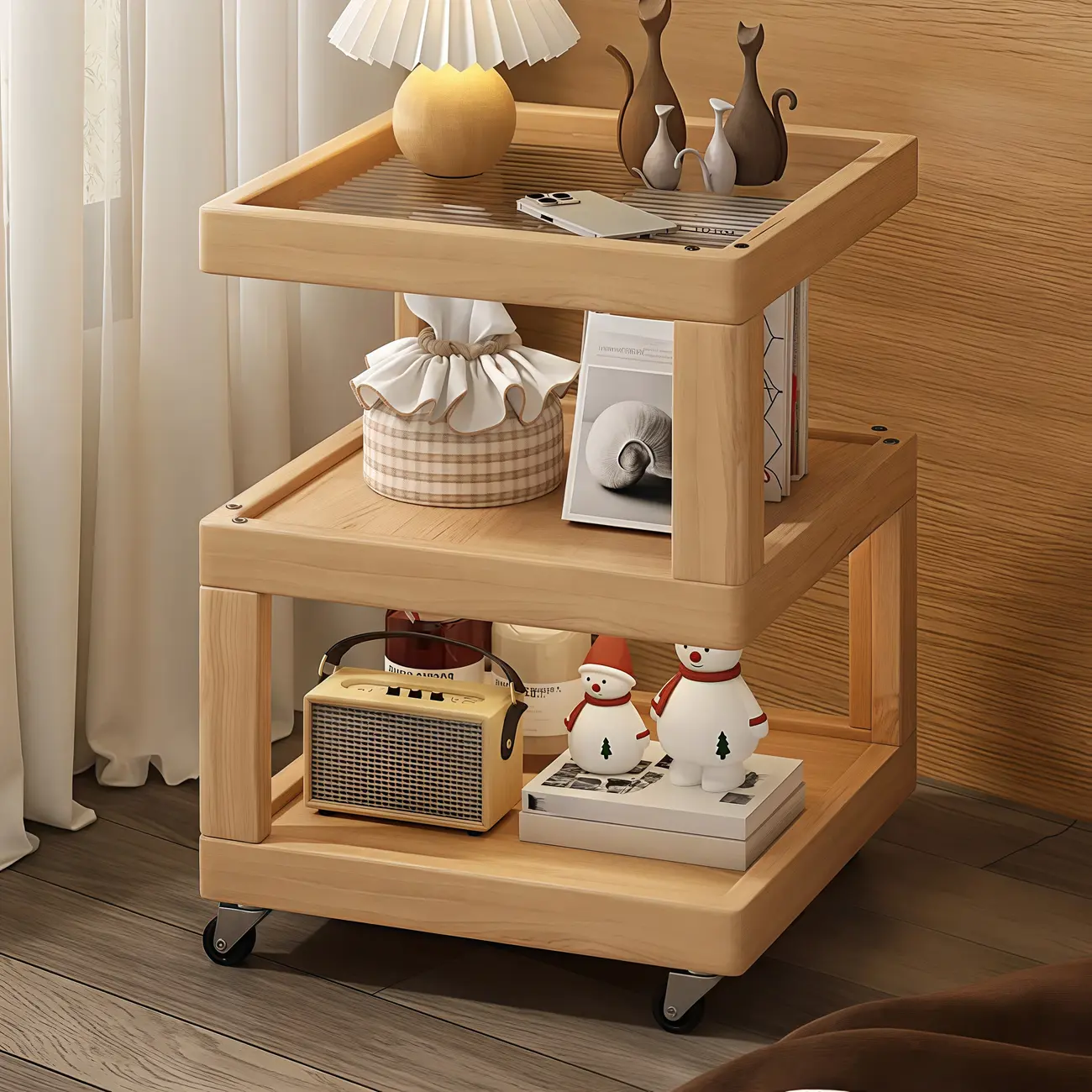 3-Tier Wood Walnut Storage Side Table with Wheels Image - 2 | homeyfad
