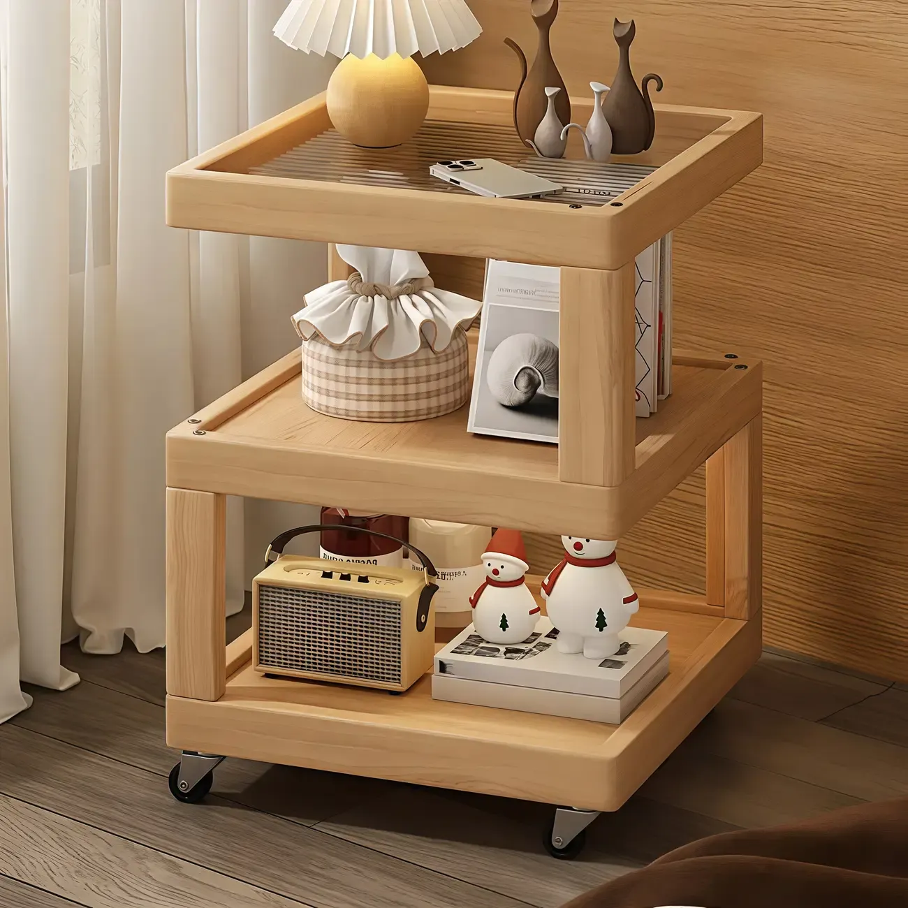 3-Tier Wood Walnut Storage Side Table with Wheels Image - 2