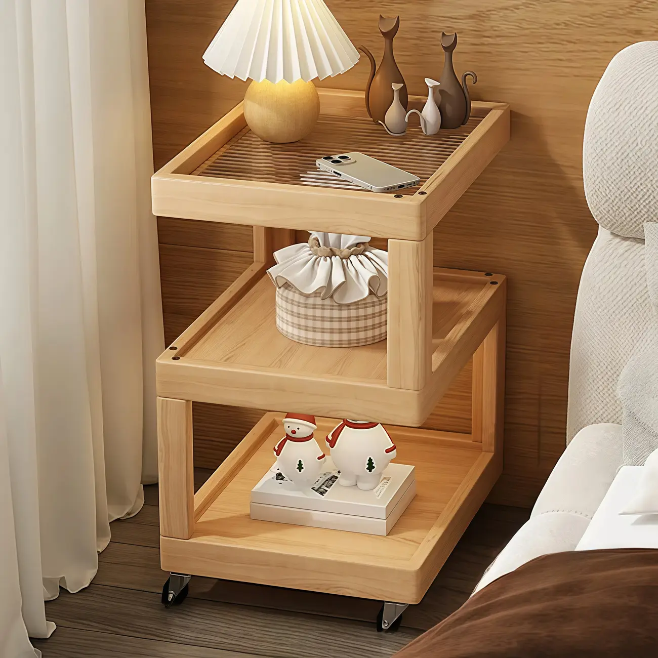 3-Tier Wood Walnut Storage Side Table with Wheels Image - 8 | homeyfad