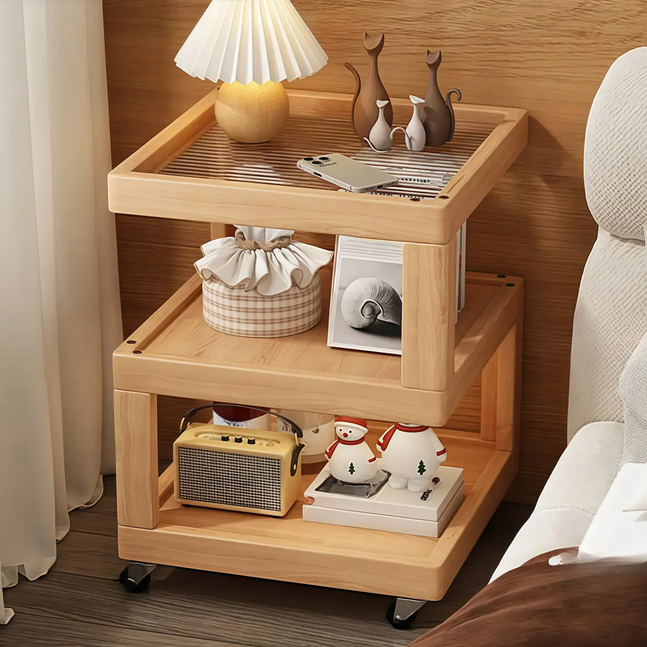 3-Tier Wood Walnut Storage Side Table with Wheels | homeyfad