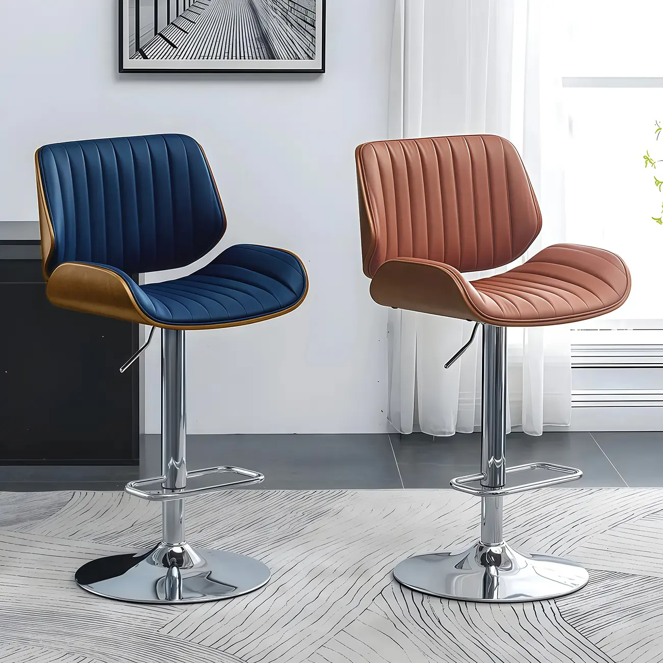 Elegant Wood Leather Red Swivel Adjustable Bar Stool Image - 5 | homeyfad