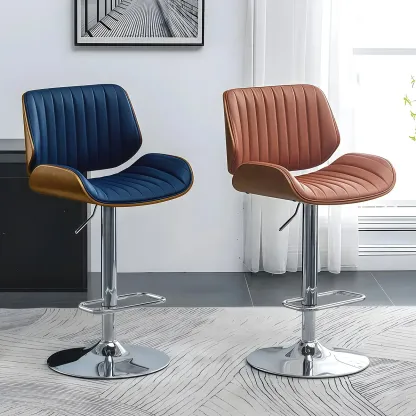 Elegant Wood Leather Red Swivel Adjustable Bar Stool Image - 5